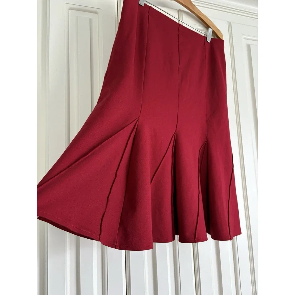 Donna Karan Red‎ Semi-Pleated Midi Fit And Flare Skirt Flirty Classic Size Large